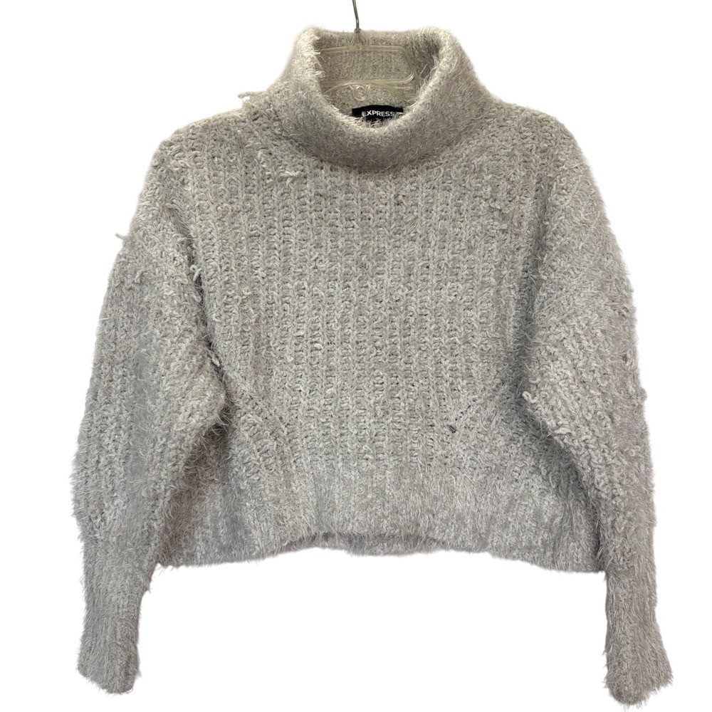 EXPRESS Cropped Chunky Textured Fuzzy Eyelash Mock Neck Sweater Grey Small
